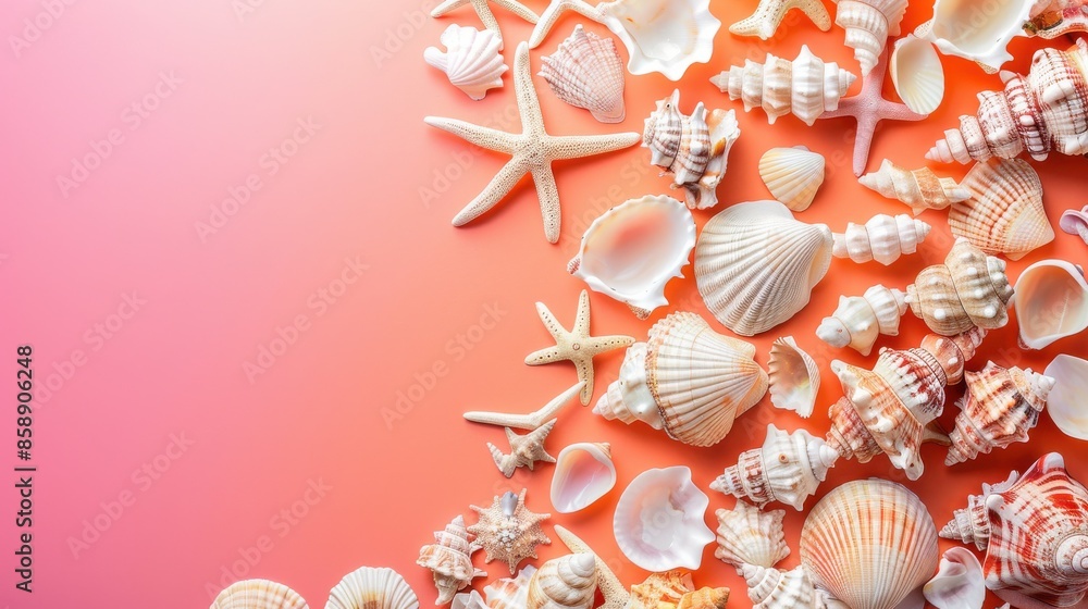 Poster An assortment of seashells and starfish are scattered across a bright pink background. The shells are of various shapes and sizes, with some featuring intricate patterns and vibrant colors. The image 