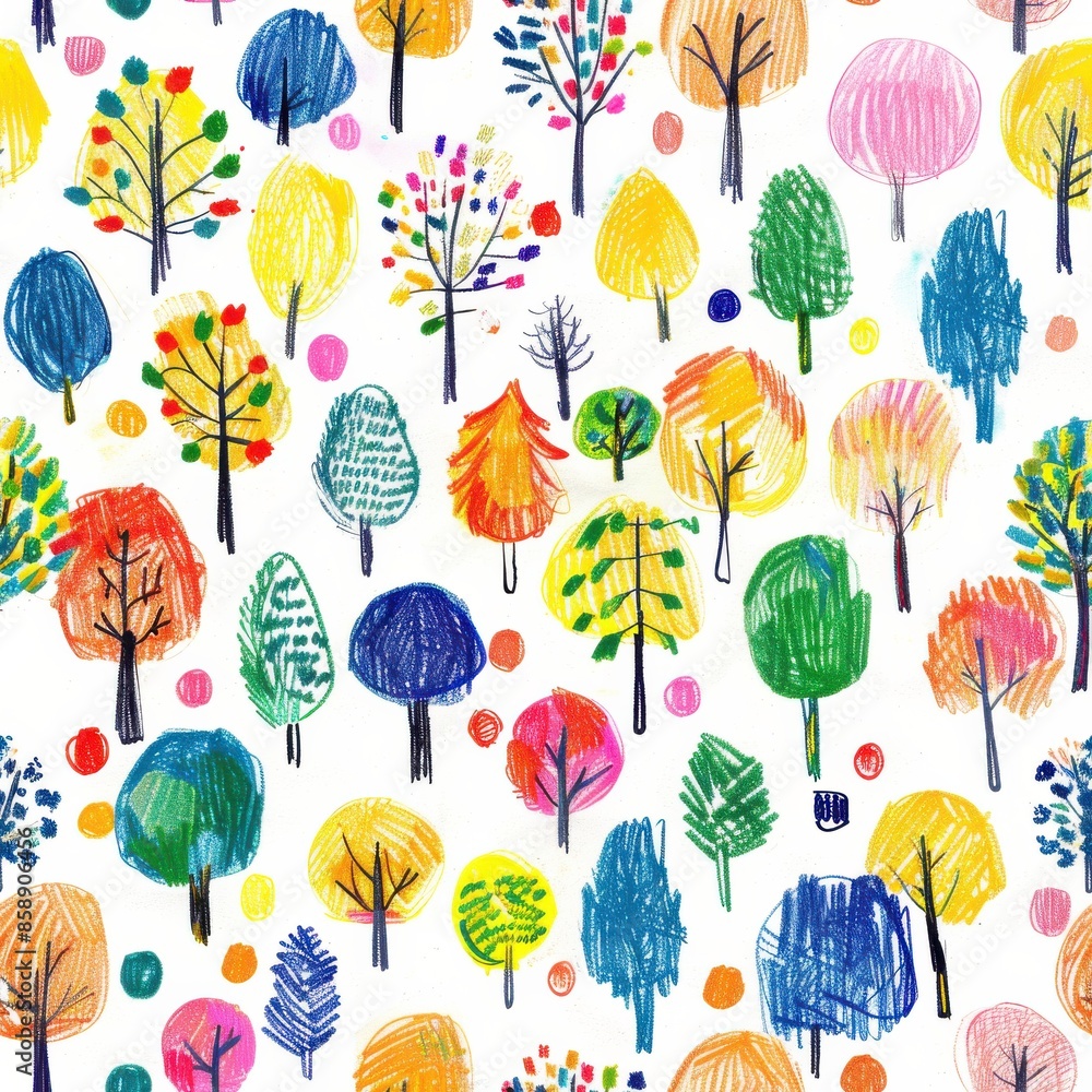 Aufkleber This is a digitally rendered image of a repeating pattern of trees drawn in bright colors with colored pencils. Each tree is unique, showcasing a variety of shapes, colors, and textures. The image is 