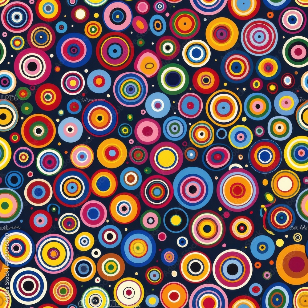 Aufkleber This digital illustration features a pattern of colorful concentric circles on a dark blue background. The circles are of varying sizes and are arranged in a seemingly random pattern. The circles are 