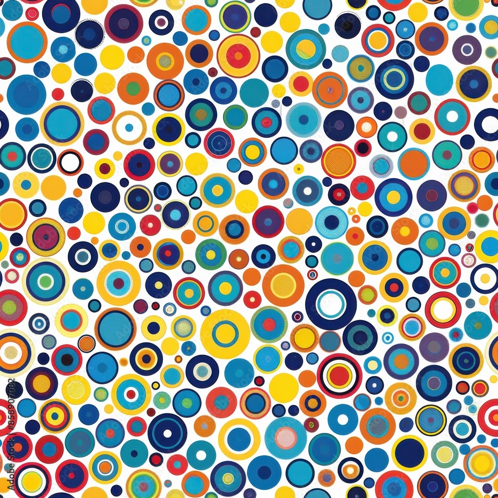 Aufkleber This image shows a colorful abstract pattern of circles on a white background. The circles are in various sizes and colors, including blue, yellow, red, and orange. The pattern is repeated throughout 