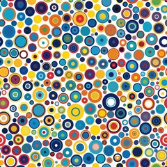 This image shows a colorful abstract pattern of circles on a white background. The circles are in various sizes and colors, including blue, yellow, red, and orange. The pattern is repeated throughout 