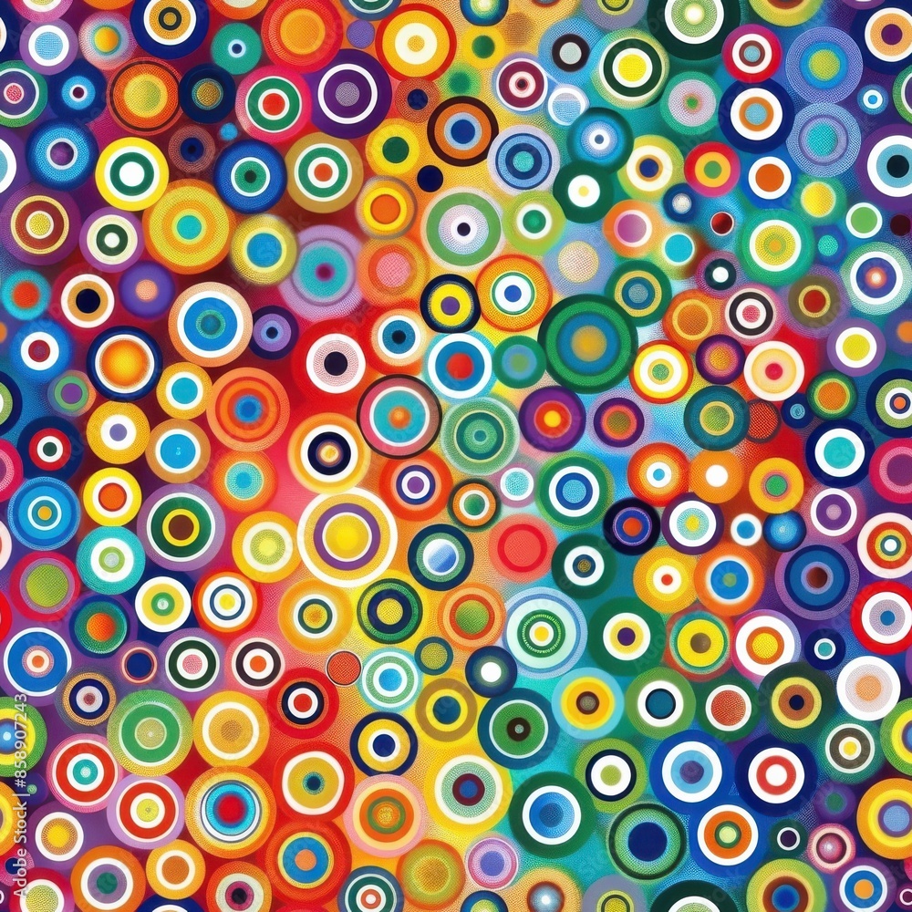 Poster This image features an abstract pattern of overlapping circles, each filled with various colors. The circles are layered in a random yet visually appealing fashion, creating a vibrant and energetic co