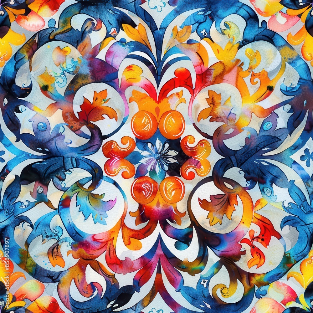 Poster a vibrant and intricate watercolor pattern featuring a central floral motif with flowing blue and or