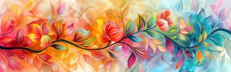 A watercolor painting depicts a delicate branch of flowers with colorful petals and leaves. The flowers are rendered in shades of red, orange, and yellow, while the leaves are a mix of green, blue, an