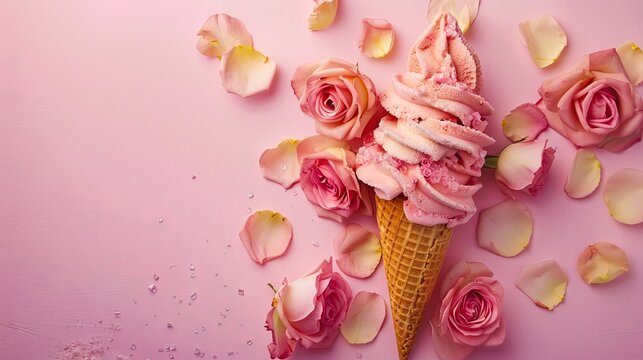 Ice cream cone with pink rose petals on a pink background. - Powered by Adobe