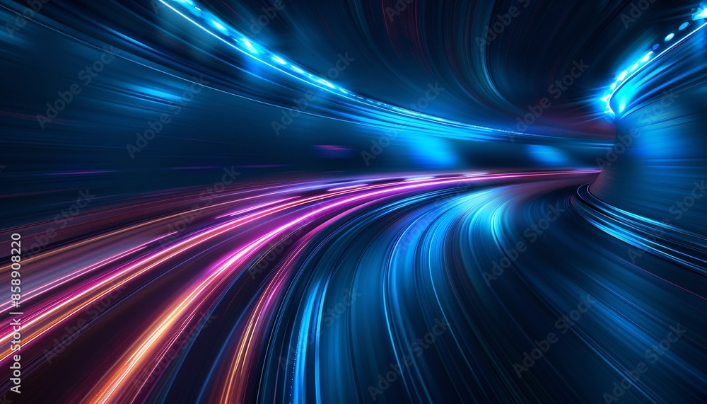 Poster futuristic neon light trails in a high-speed tunnel with dynamic motion blur