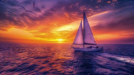 A sailboat on the open sea at sunset, with the sky painted in shades of orange and purple, and a flock of seagulls flying overhead.