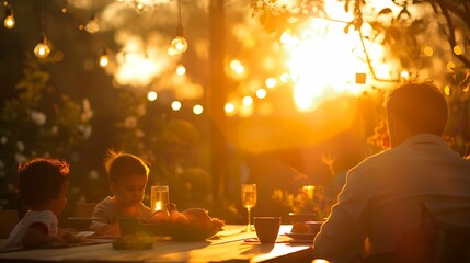 Happy family having fun outdoor dinner on sunset concept with shallow depth of field - Warm contrast filter