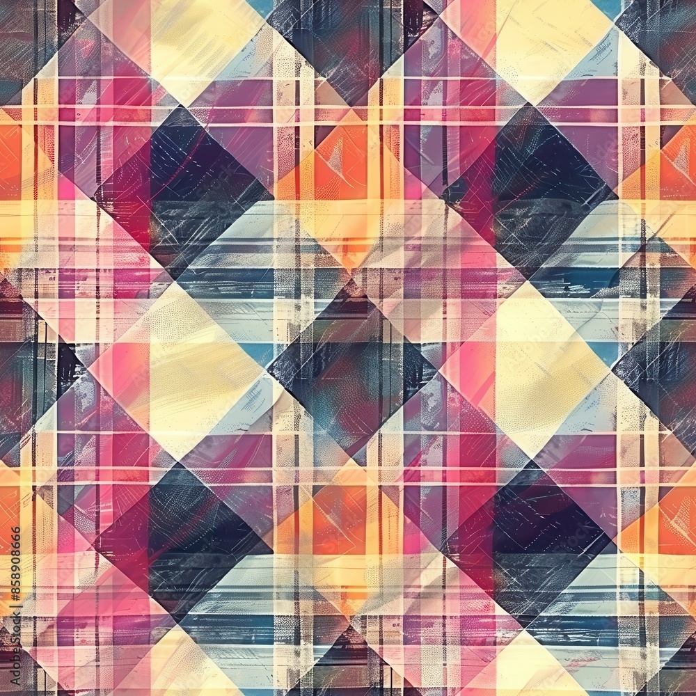 Poster this digital image is a colorful, abstract graphic design. it features a repeating diagonal plaid pa