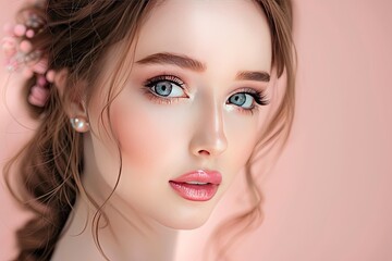 Fototapeta premium Portrait of a beautiful woman with flawless makeup, fair skin, and captivating blue eyes. Soft pink background complements her elegant look.