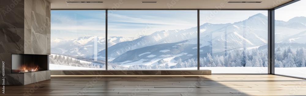 Poster a large, empty room with a fireplace and a large window overlooking a snowy mountain. the room is ve