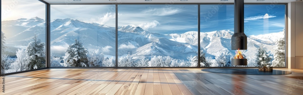 Poster A large window with a view of snow covered mountains. The room is empty and has a modern design