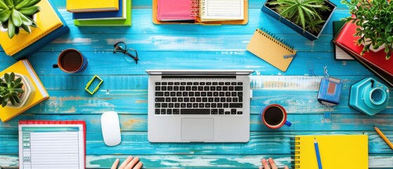 A person working on a personal development plan at a desk with a laptop, planner, and inspirational books. The organized and motivating workspace emphasizes the importance of continuous learning and