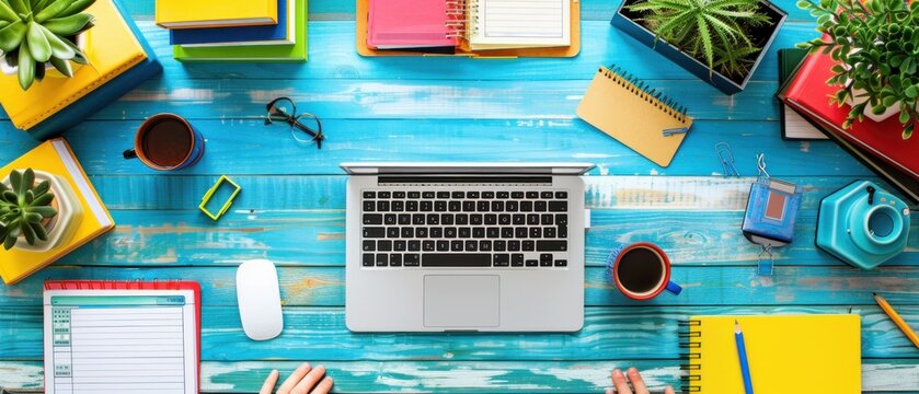 A person working on a personal development plan at a desk with a laptop, planner, and inspirational books. The organized and motivating workspace emphasizes the importance of continuous learning and