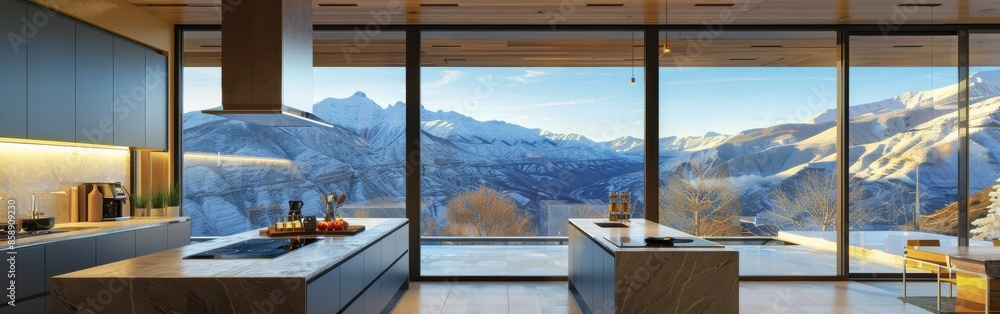 Poster a kitchen with a large window overlooking a mountain range. the kitchen is modern and well-equipped 