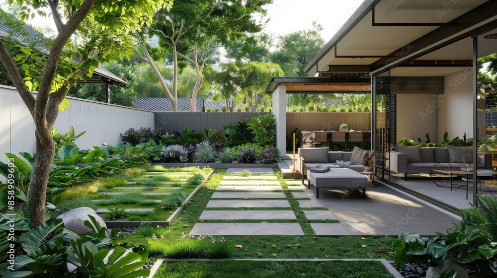 Poster a lush green backyard with a patio area and a large open space. the patio area has a dining table an