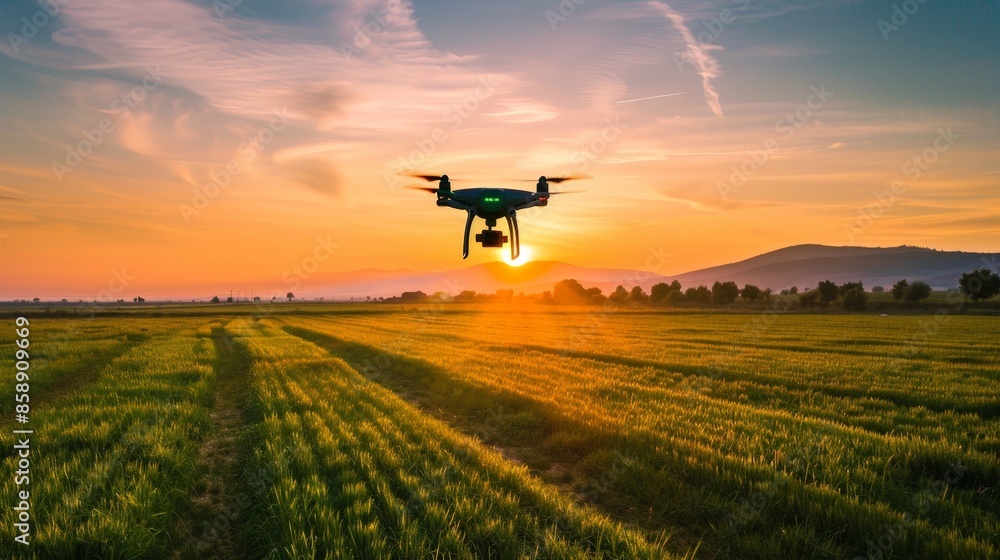 Poster imagine a farmer utilizing drones and iot sensors to monitor crop health, optimize water usage, and 