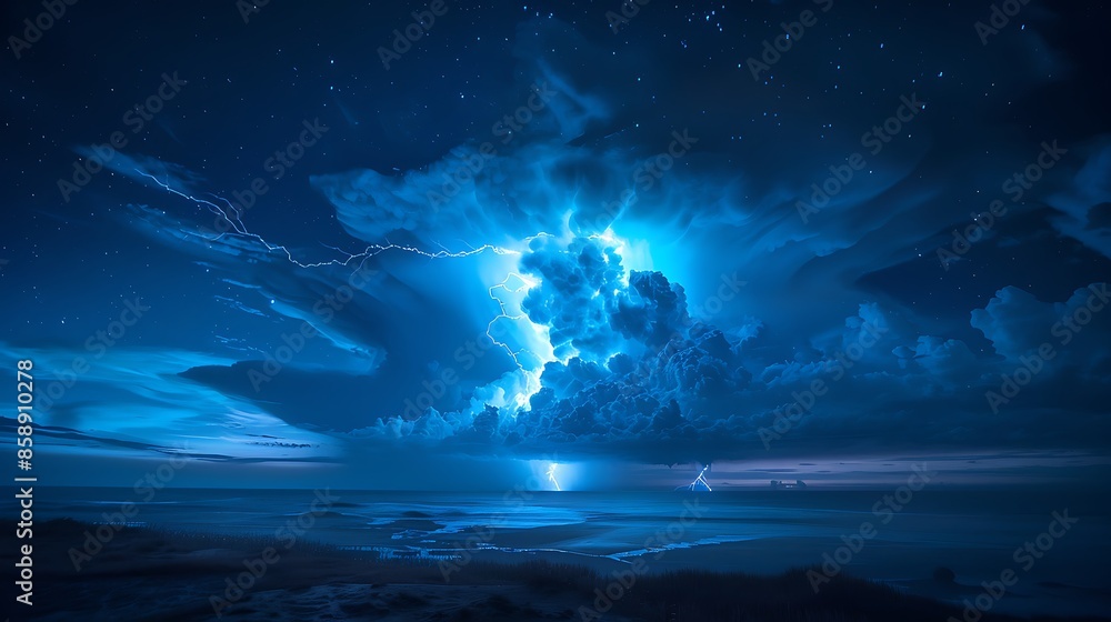 Poster a powerful image of a lightning storm illuminating the night sky, with a subtle hint of the ozone la