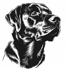 A black and white drawing of a labrador retriever dog