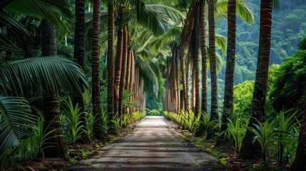 Obraz premium A pathway lined with tall palm trees leading to a secluded tropical paradise.