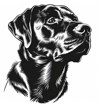 A black and white drawing of a labrador retriever dog
