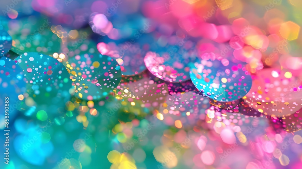 Poster a vibrant close-up of glittering rainbow scales, featuring a shimmering bokeh effect that enhances t
