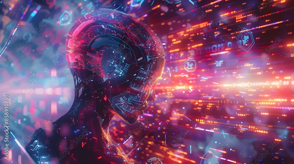 Poster a futuristic ai head with glowing digital data streams and circuits, symbolizing advanced technology