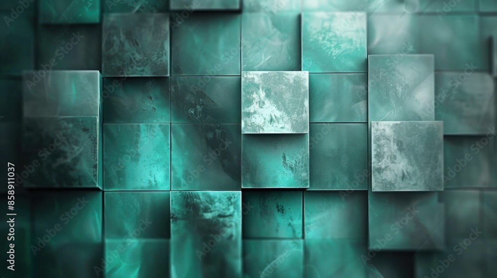 Poster a wall of green squares with a blue background. the squares are of different sizes and are arranged 