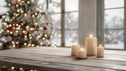 Dreamy empty earthy blank timber table Christmas pine tree background empty lit candles lux decor glowing bokeh lights card printable product advert chic  luxury posh trendy preppy xmas eve front view