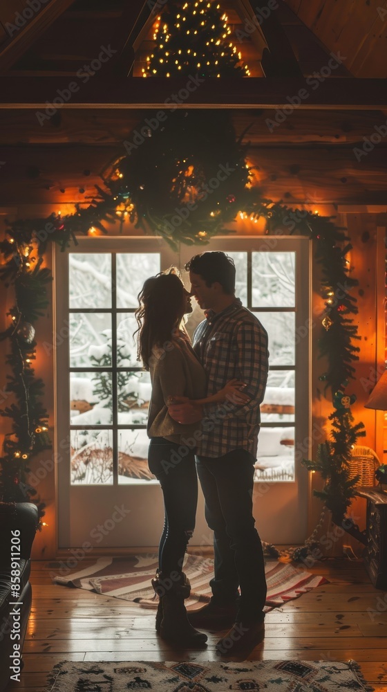 Poster a young couple embraces in front of a window in a rustic cabin during christmas. they are standing n