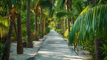 A pathway lined with tall palm trees leading to a secluded tropical paradise.