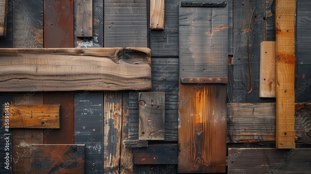 Poster a collage of wood pieces with a rustic, vintage feel. the wood pieces are of different sizes and sha
