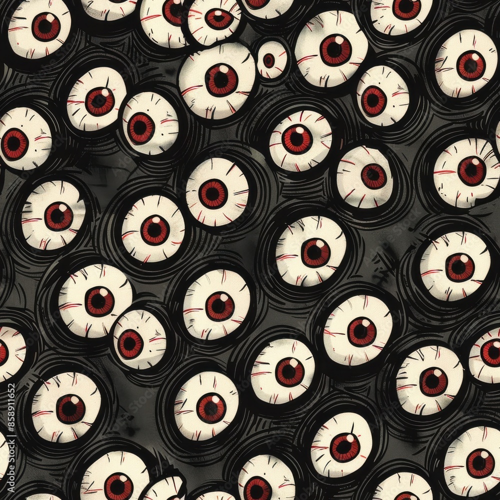 Aufkleber The image features a dark background with a repeating pattern of cartoon eyeballs. The eyeballs are white with red pupils and have a slightly sinister and eerie look to them. The background is a mottl