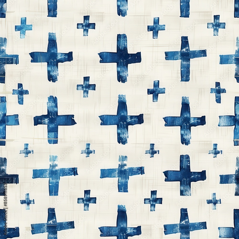 Aufkleber A seamless pattern featuring blue cross shapes on a cream fabric background. The crosses are arranged in a repeating pattern, creating a visually appealing and modern design.