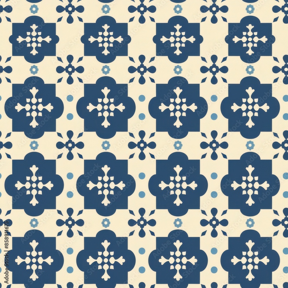 Poster This image features a seamless repeating pattern of geometric tiles. The tiles are blue and white and have a variety of shapes and designs, including crosses, circles, and diamonds. The background is 