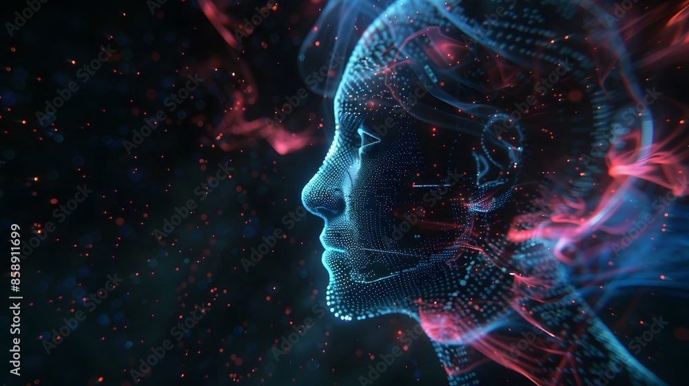 Poster a digital representation of a face with intricate light patterns and a futuristic design, blending t