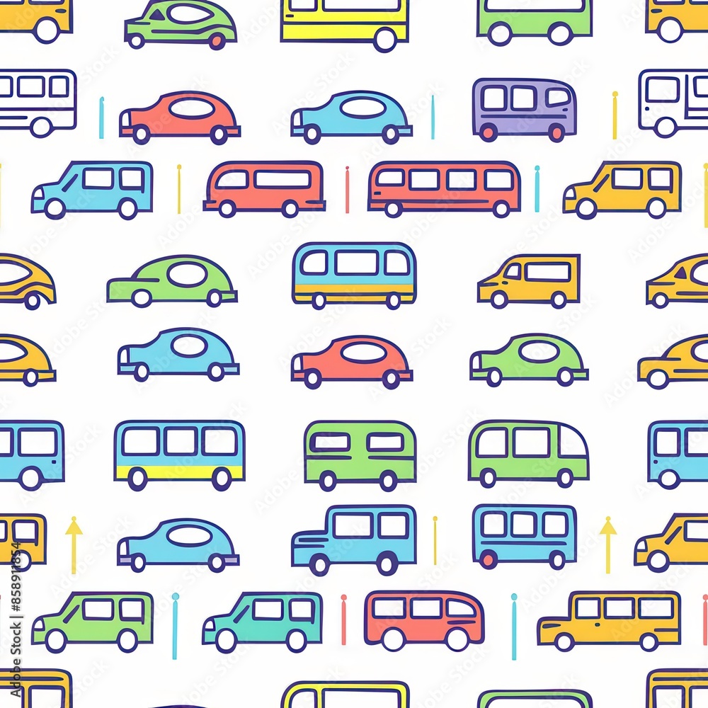 Poster This image shows a seamless pattern of colorful cars and buses, all drawn in a simple, cartoon style. The pattern repeats throughout the image, creating a fun and whimsical design. The colors are brig