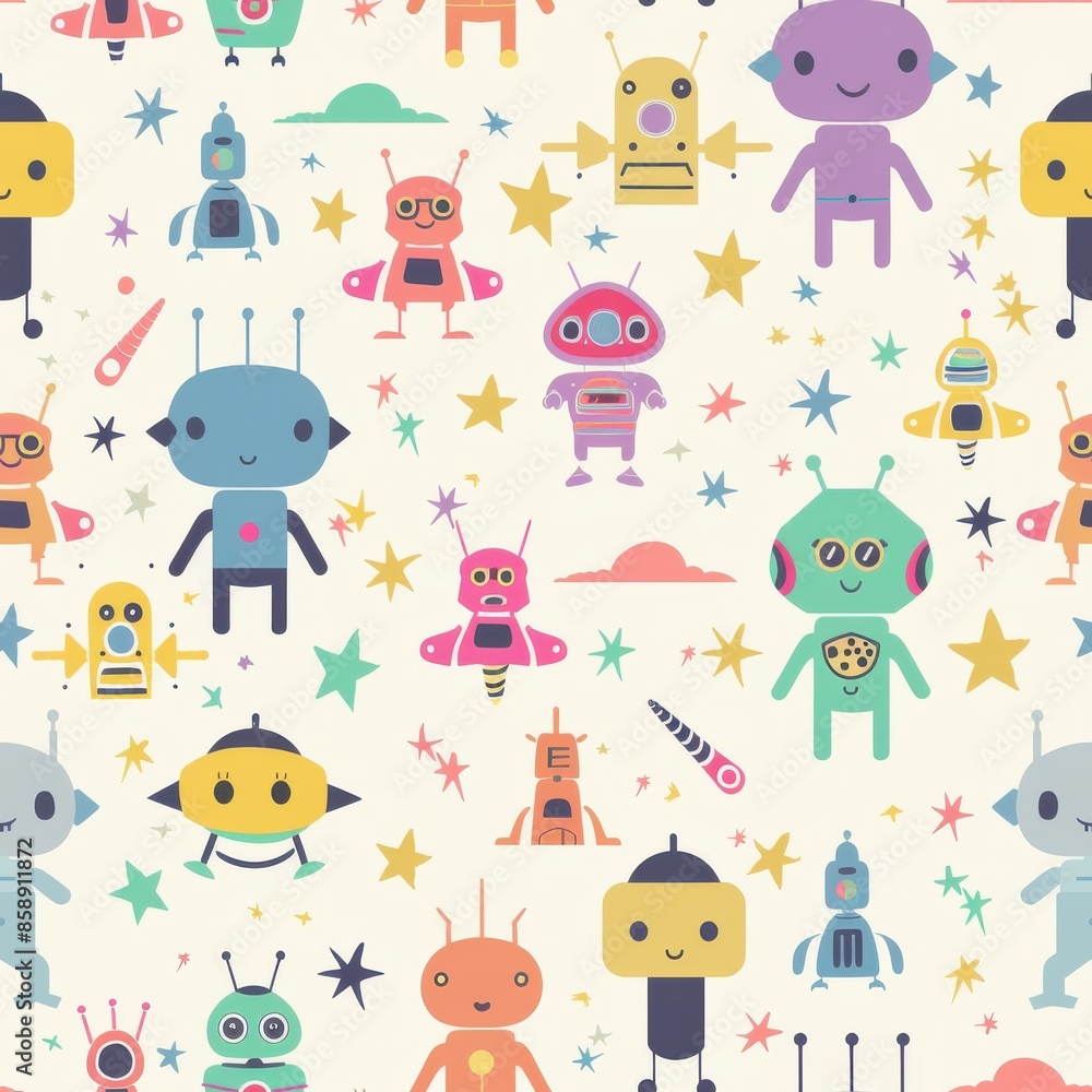 Poster This colorful pattern features a variety of cartoon robots and aliens in various poses. They are all set against a white background with stars and clouds. The robots and aliens are all smiling and loo