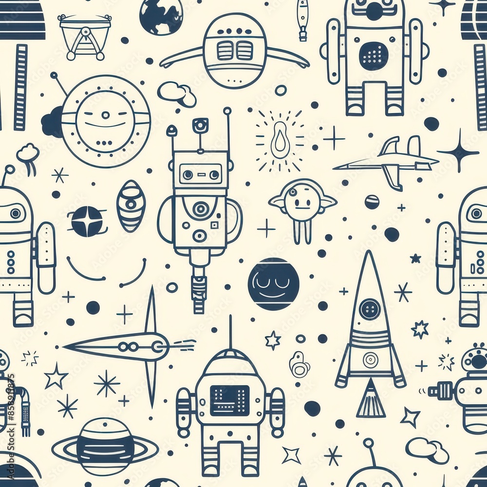 Poster a seamless pattern of hand-drawn illustrations featuring robots, spaceships, planets, and stars on a