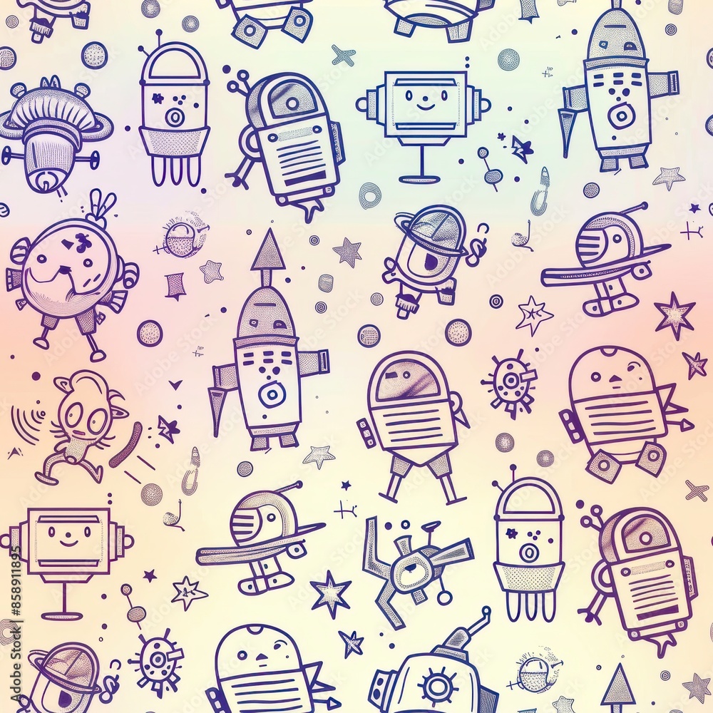 Poster a seamless pattern featuring hand-drawn robots, stars, and other space-themed elements on a gradient