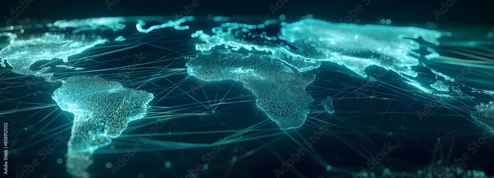 Poster 1. imagine a striking 3d visualization of a luminous world map intricately detailed with glowing net
