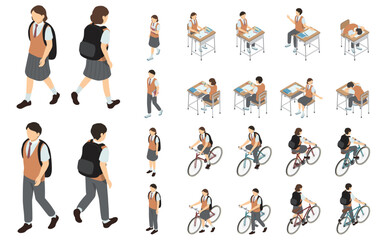 アイソメトリックイラスト：高校生セット(夏服)