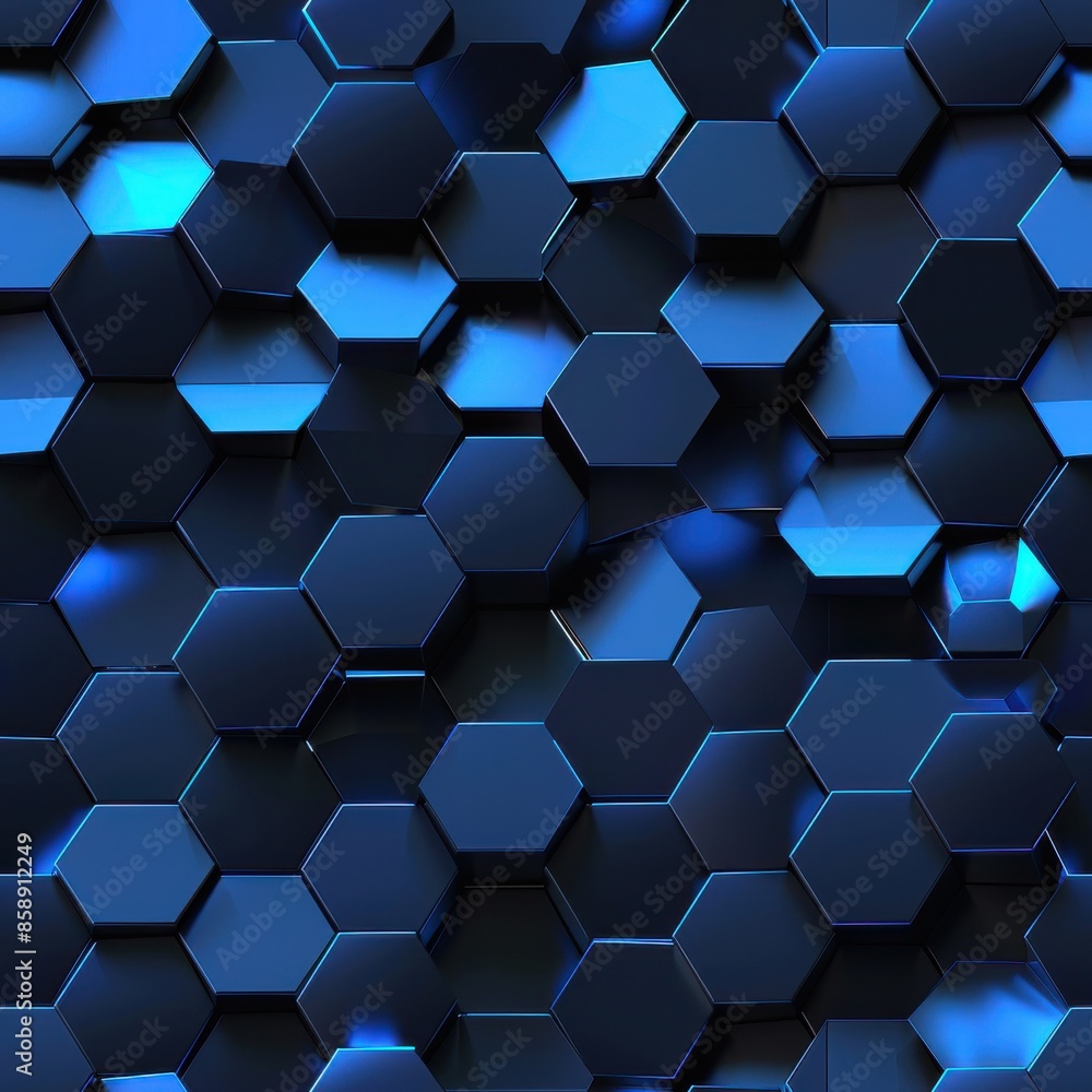 Poster This is a digital illustration of a repeating pattern of blue hexagons. The hexagons are arranged in a staggered pattern, creating a three-dimensional effect. The image has a dark and cool color schem