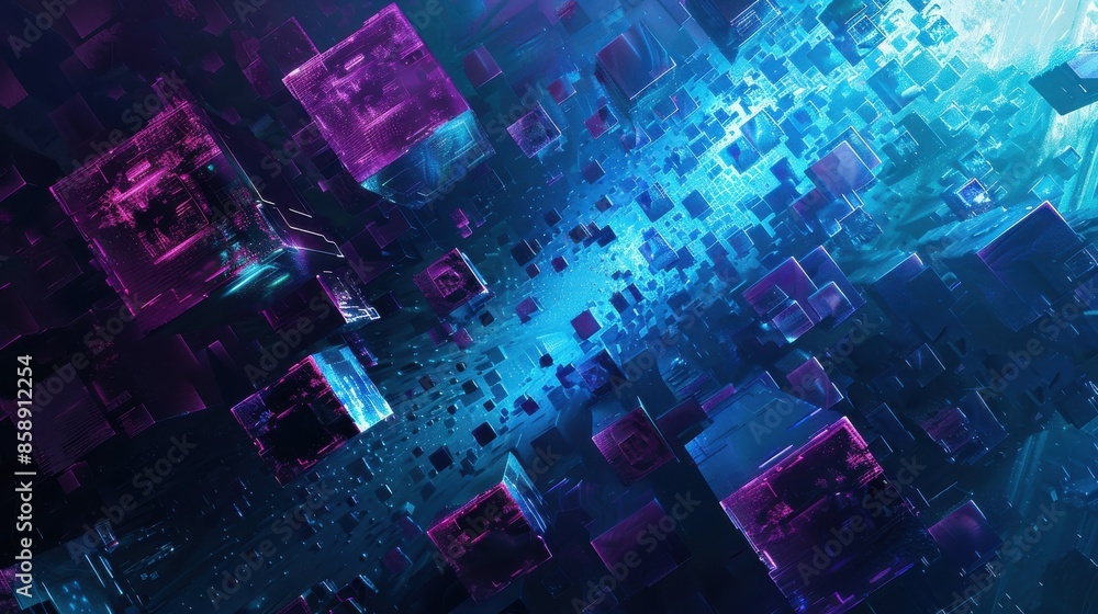 Poster a blue and purple cityscape with many cubes. the cubes are of different sizes and are scattered thro