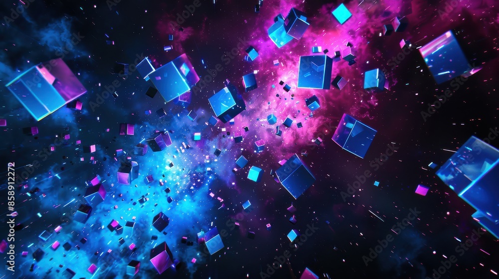 Poster A colorful space with many blue and pink cubes. The cubes are scattered all over the image, creating a sense of chaos and disarray
