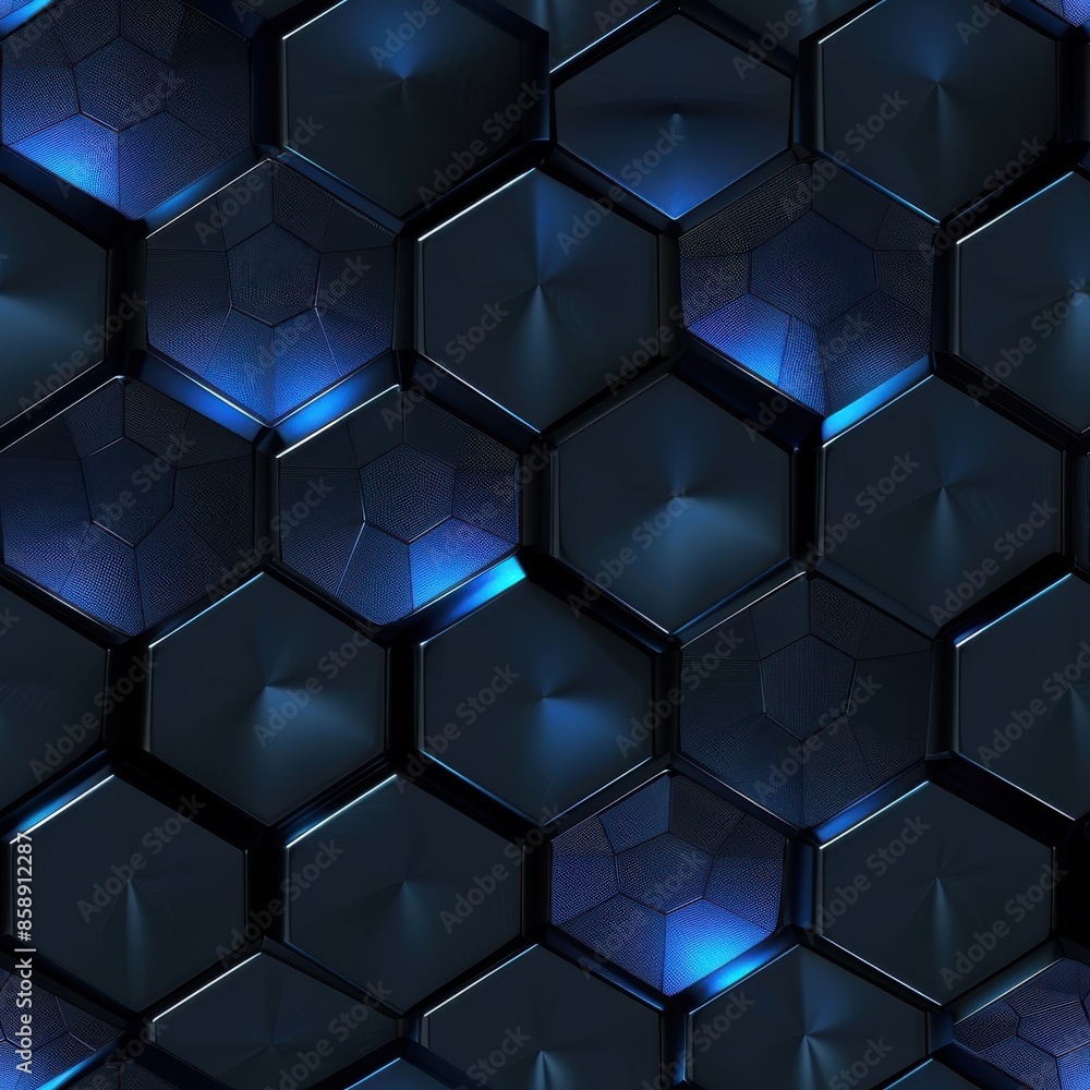 Fototapete A close-up of an abstract pattern featuring blue and black hexagons, creating a dynamic and geometric visual. The hexagons are rendered in a three-dimensional style, with a slight sheen and depth to e