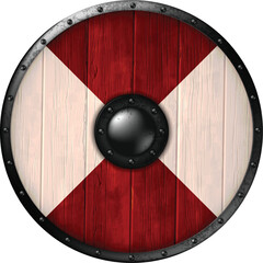 Viking shield design. A wooden shield bound with iron, featuring the Scandinavian Viking symbol. Realistic illustration.