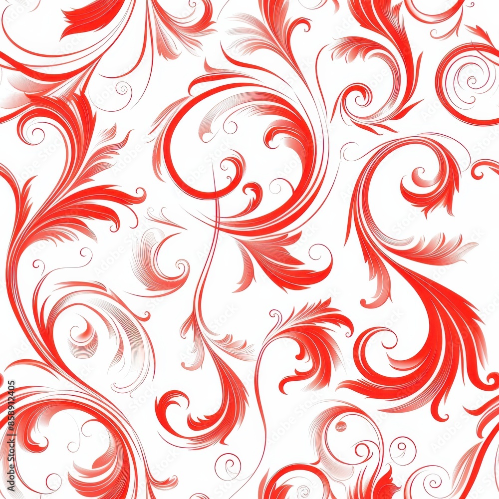 Poster A digital illustration featuring a seamless pattern of red and white swirling floral designs on a white background. The intricate details of the curls and leaves create a delicate and elegant visual. 