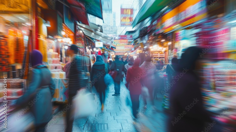 Wall mural Blur of colors and movement as people weave through vendors and stalls at a lively urban market.