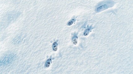 Cat footprints in snow flat lay view with space for text